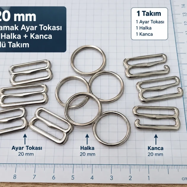 20 mm / 0.79 in Zamak Bra Strap Slider, Ring and Hook 3-Piece Set PIR770020Z