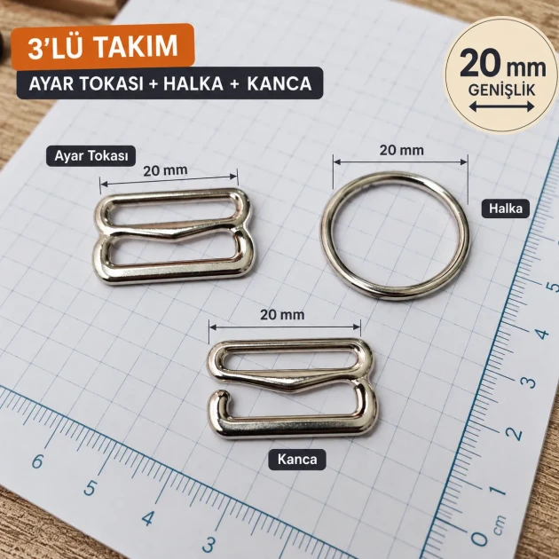 20 mm / 0.79 in Zamak Bra Strap Slider, Ring and Hook 3-Piece Set PIR770020Z