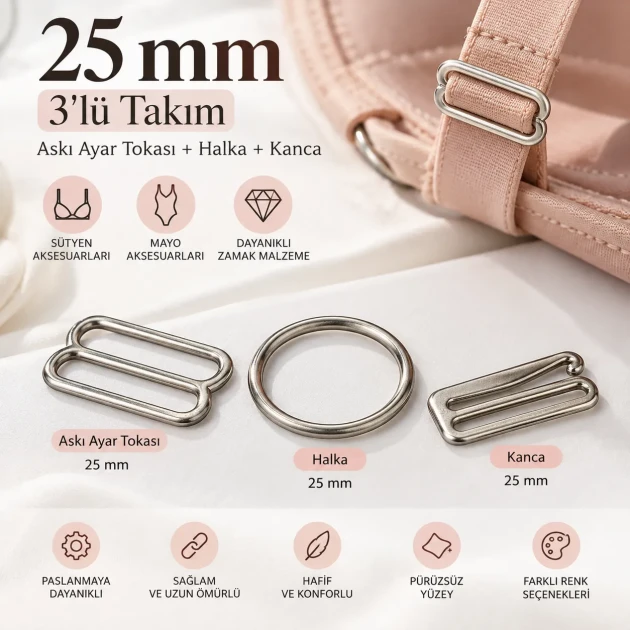 25 mm / 0.98 in Zamak Bra Strap Slider, Ring and Hook 3-Piece Set PIR770025Z