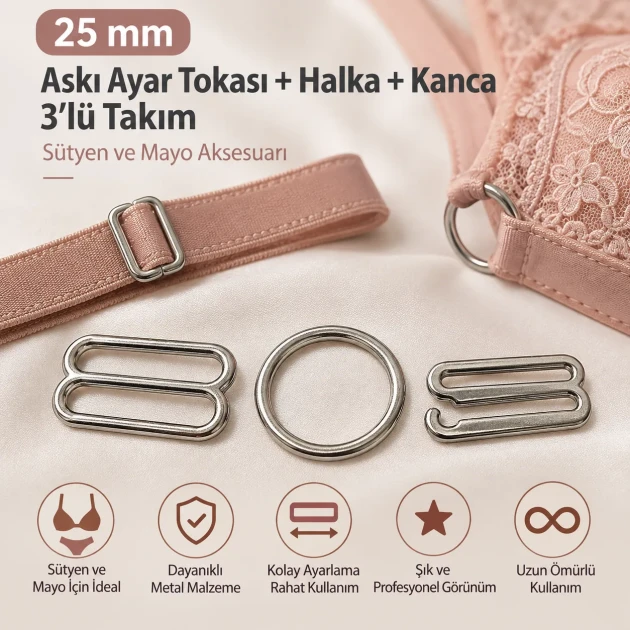 25 mm / 0.98 in Zamak Bra Strap Slider, Ring and Hook 3-Piece Set PIR770025Z