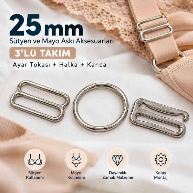25 mm / 0.98 in Zamak Bra Strap Slider, Ring and Hook 3-Piece Set PIR770025Z