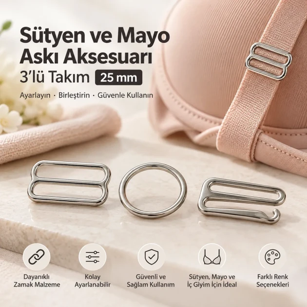 25 mm / 0.98 in Zamak Bra Strap Slider, Ring and Hook 3-Piece Set PIR770025Z