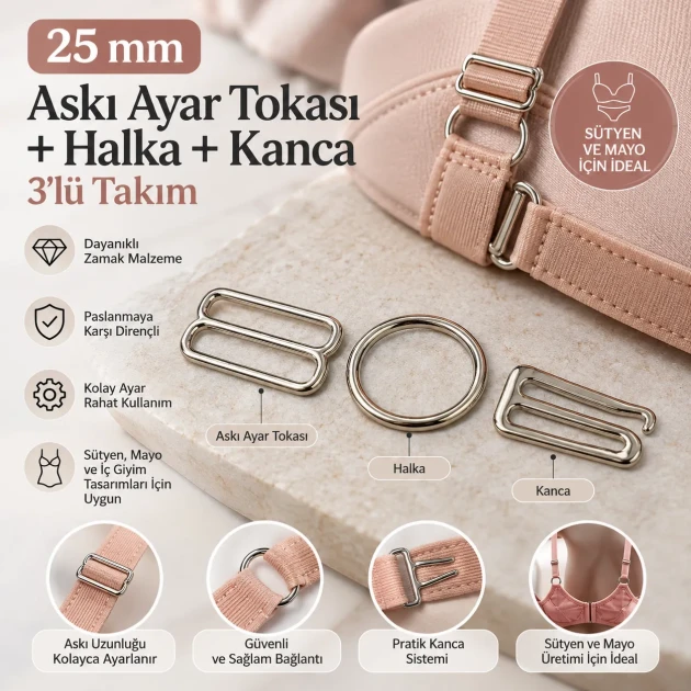 25 mm / 0.98 in Zamak Bra Strap Slider, Ring and Hook 3-Piece Set PIR770025Z