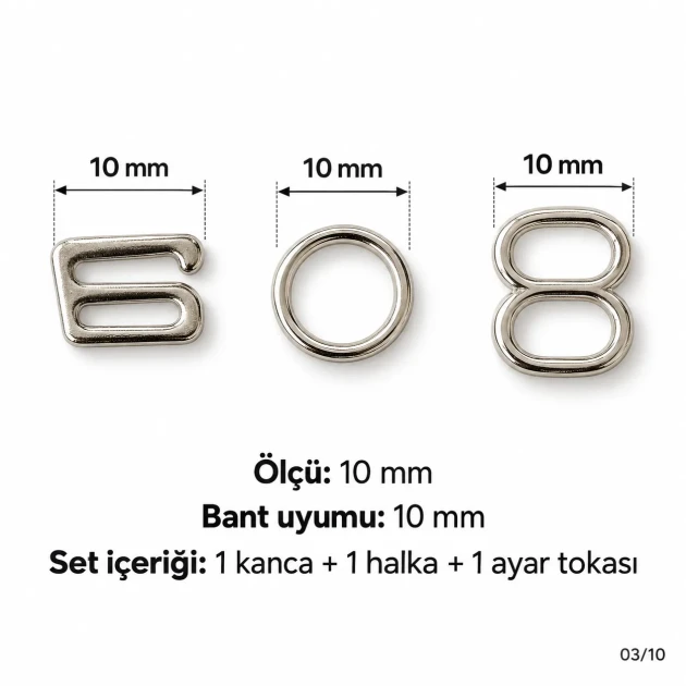 10 mm / 0.39 in Zamak Mayo Model Double-Loop Bra Strap Slider, Ring and Hook 3-Piece Set PIR771010Z