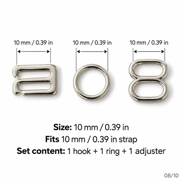 10 mm / 0.39 in Zamak Mayo Model Double-Loop Bra Strap Slider, Ring and Hook 3-Piece Set PIR771010Z