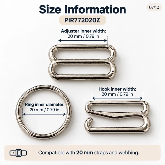 20 mm / 0.79 in Zamak Wide-Body Bra Strap Slider, Ring and Hook 3-Piece Set PIR772020Z