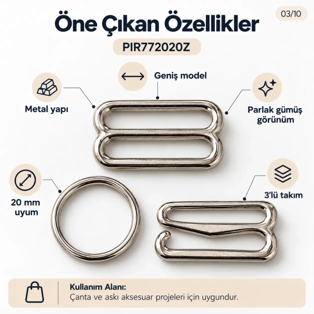 20 mm / 0.79 in Zamak Wide-Body Bra Strap Slider, Ring and Hook 3-Piece Set PIR772020Z
