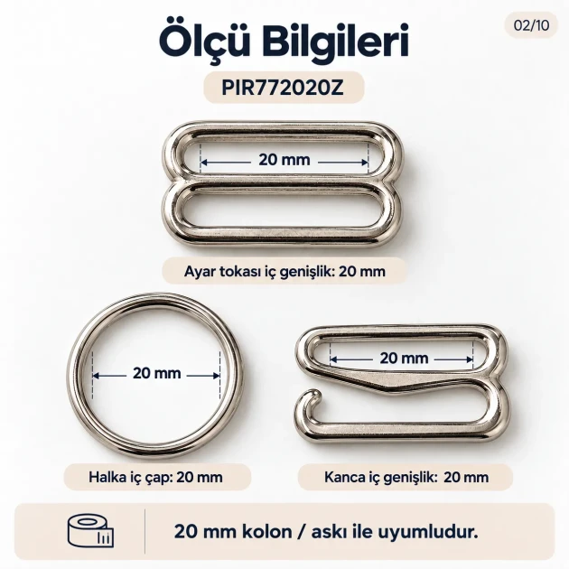 20 mm / 0.79 in Zamak Wide-Body Bra Strap Slider, Ring and Hook 3-Piece Set PIR772020Z