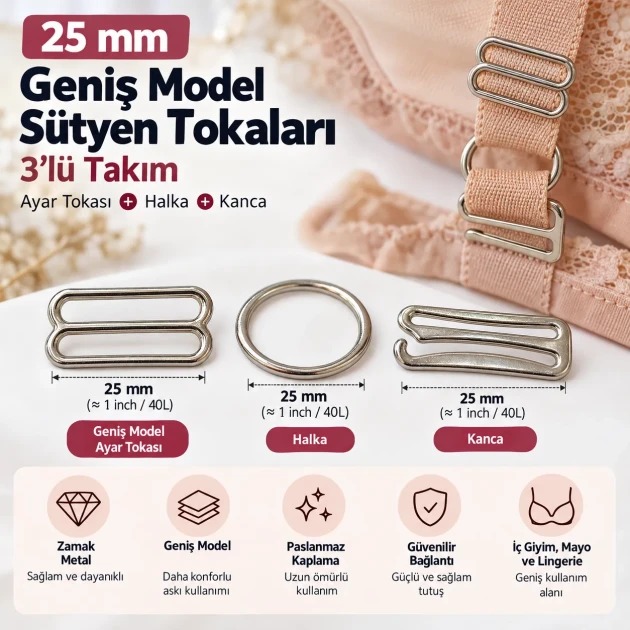25 mm Zamak Geniş Model Sütyen Askı Ayar Tokası, Halkası ve Kancası 3'lü Takım PIR772025Z
