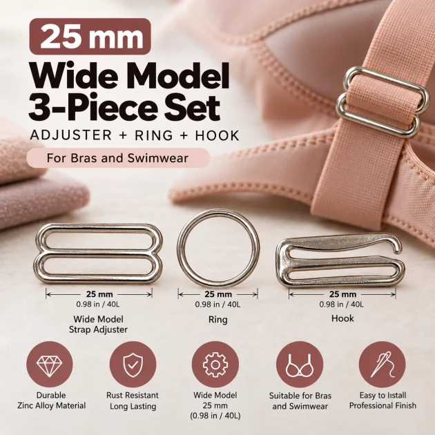 25 mm Zamak Geniş Model Sütyen Askı Ayar Tokası, Halkası ve Kancası 3'lü Takım PIR772025Z