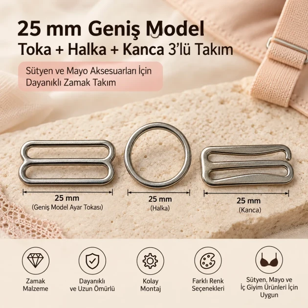 25 mm Zamak Geniş Model Sütyen Askı Ayar Tokası, Halkası ve Kancası 3'lü Takım PIR772025Z