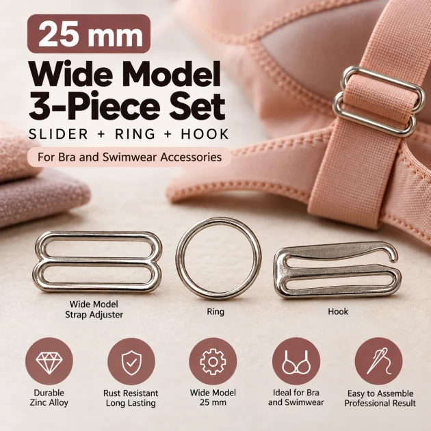25 mm Zamak Geniş Model Sütyen Askı Ayar Tokası, Halkası ve Kancası 3'lü Takım PIR772025Z