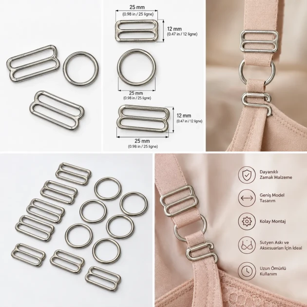 25 mm Zamak Geniş Model Sütyen Askı Ayar Tokası, Halkası ve Kancası 3'lü Takım PIR772025Z