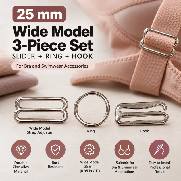 25 mm Zamak Geniş Model Sütyen Askı Ayar Tokası, Halkası ve Kancası 3'lü Takım PIR772025Z