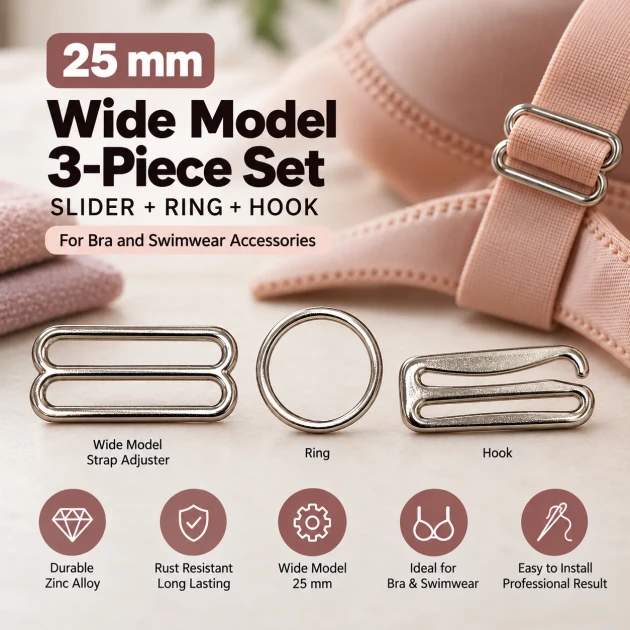 25 mm Zamak Geniş Model Sütyen Askı Ayar Tokası, Halkası ve Kancası 3'lü Takım PIR772025Z