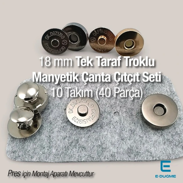 18 mm - 0,71" Single Cap Magnetic Bag Snap Set 10 Sets (40 Pieces) 10132TekTPK10