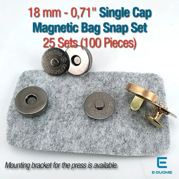 18 mm (0.71") Single Cap Magnetic Bag Snap Set 25 Sets (100 Pieces) 10132TekTPK25