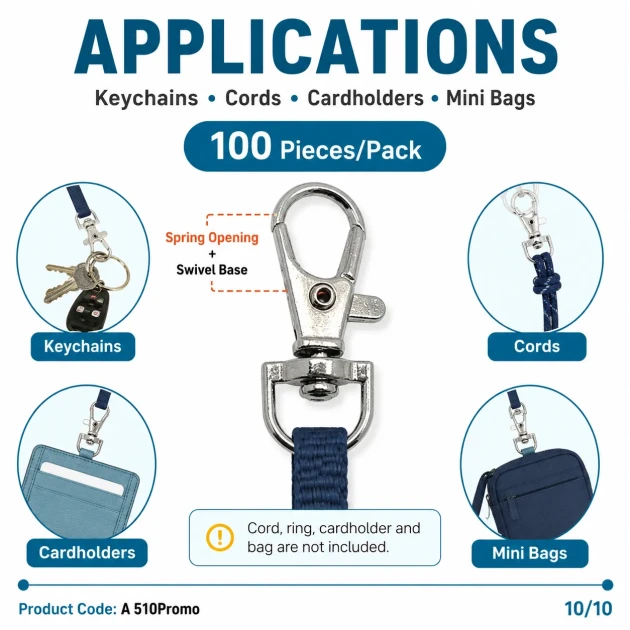 9 mm Paris Swivel Hook for Keychains, Durable Metal, 100 Pieces