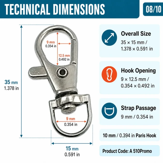 9 mm Paris Swivel Hook for Keychains, Durable Metal, 100 Pieces