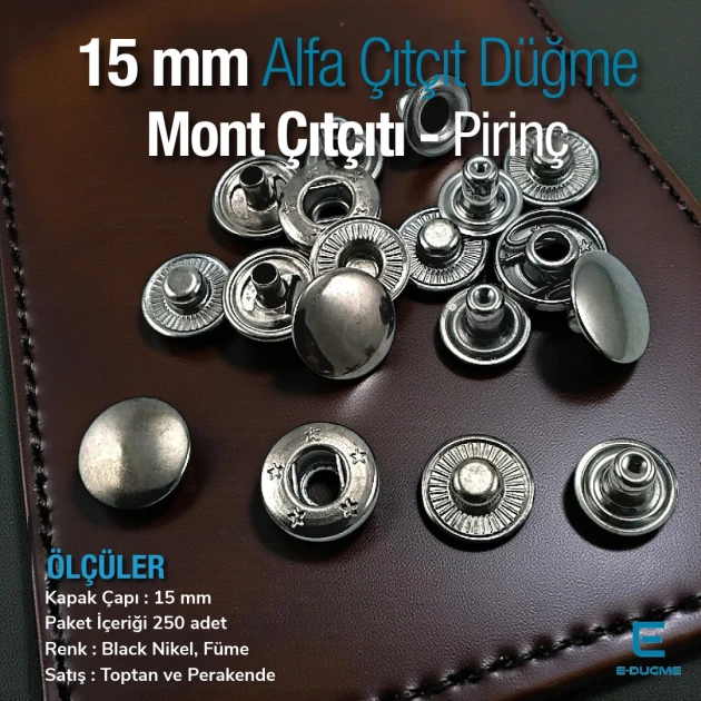 Alfa Çıt çıt Düğme 15 mm Black Nikel Pirinç Çıtçıt Düğme 100 Ad/ Pack C000100PRPROMO