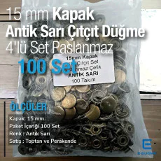 15 mm Çıtçıt Düğme Paslanmaz Antik Sarı Renk 100 adet/Pk C00016PPKAS