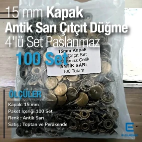 Çıtçıt Düğme 15 mm Paslanmaz Antik Sarı 100 Adet C00016PPKAS