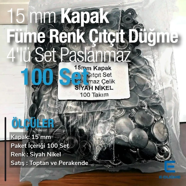 15 mm Çıtçıt Düğme Paslanmaz Füme - Black Nikel Renk 100 adet/Pk C00016PPKBN