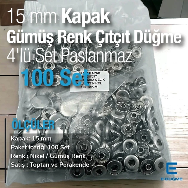 15 mm Çıtçıt Düğme Paslanmaz Gümüş Renk 100 adet/Pk C00016PPKNK