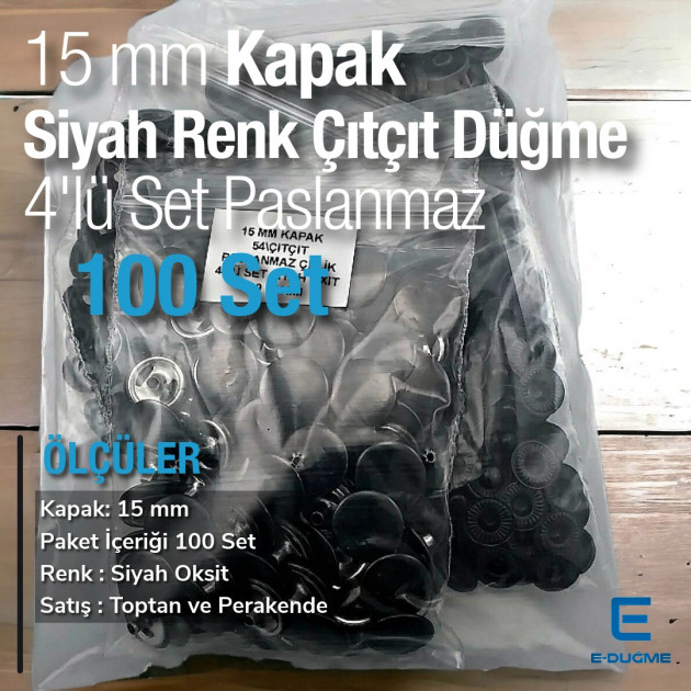 15 mm Çıtçıt Düğme Paslanmaz Siyah Renk 100 adet/Pk C00016PPKSYH