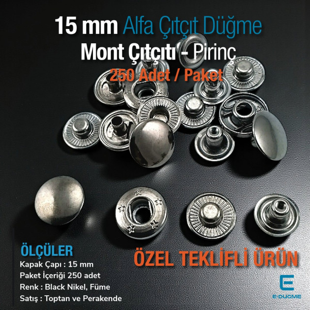 15 mm Mont Çıtçıtı - Alfa Çıt çıt Düğme Black Nikel Pirinç Çıtçıt Düğme C0001PRPROMO