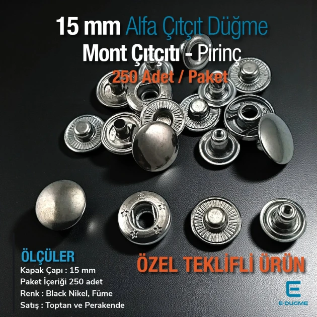 15 mm Mont Çıtçıtı - Alfa Çıt çıt Düğme Black Nikel Pirinç Çıtçıt Düğme C0001PRPROMO