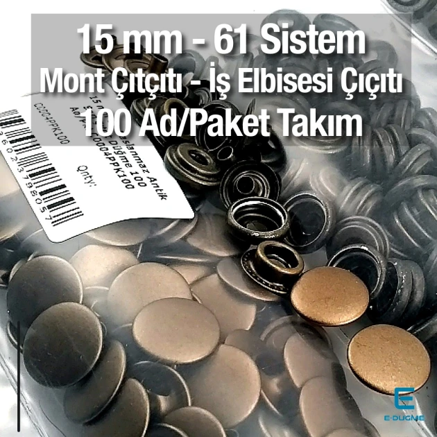 15 mm Çıtçıt Antik Sarı Paslanmaz 100 Adet/Paket 61 Çıtçıt Düğme C0004P15PKAntS