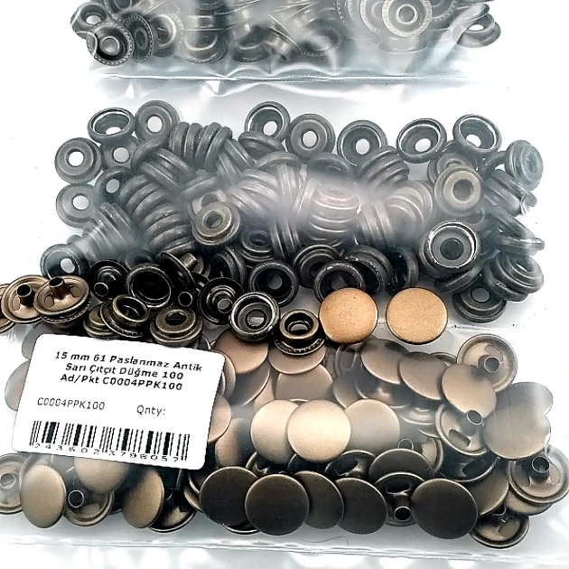 15 mm Çıtçıt Antik Sarı Paslanmaz 100 Adet/Paket 61 Çıtçıt Düğme C0004P15PKAntS