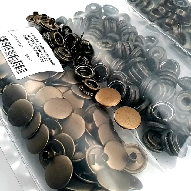 15 mm Çıtçıt Antik Sarı Paslanmaz 100 Adet/Paket 61 Çıtçıt Düğme C0004P15PKAntS