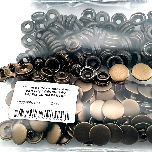 15 mm Çıtçıt Antik Sarı Paslanmaz 100 Adet/Paket 61 Çıtçıt Düğme C0004P15PKAntS