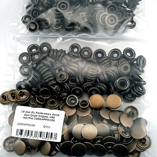 15 mm Çıtçıt Antik Sarı Paslanmaz 100 Adet/Paket 61 Çıtçıt Düğme C0004P15PKAntS