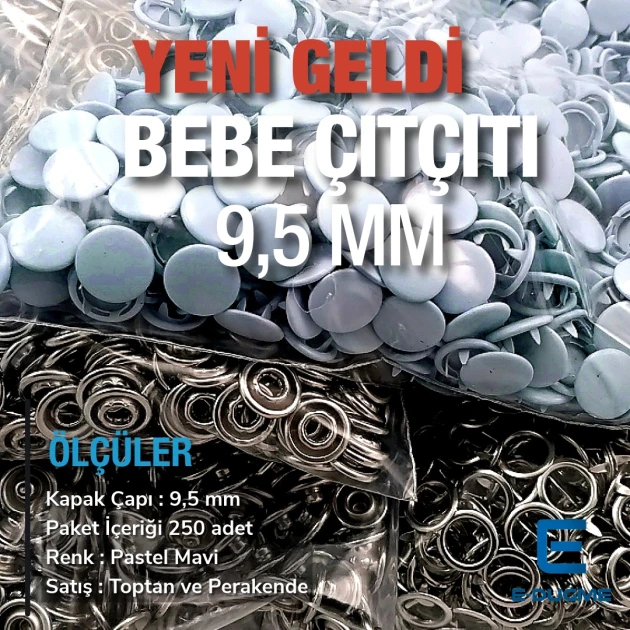 Bebe Çıtçıt 9,5 mm Kapaklı Pastel Mavisi Boyalı Paslanmaz 250 Ad/Paket C0014PromoPBlue