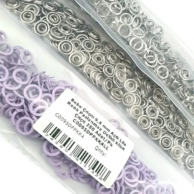 9.5 mm / 0.37 in Light Lilac Stainless Eyelet-Style Klıkit Baby Snap Fastener for Babywear and Light Textile Applications