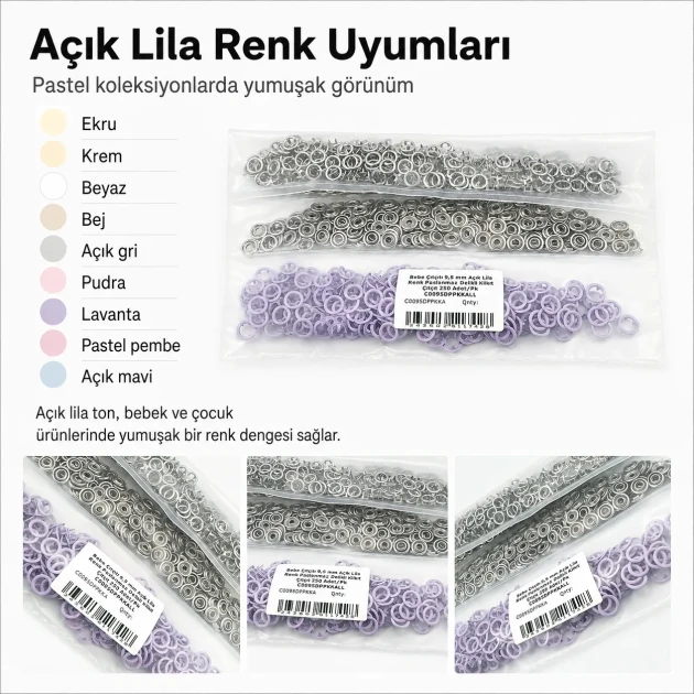 9.5 mm / 0.37 in Light Lilac Stainless Eyelet-Style Klıkit Baby Snap Fastener for Babywear and Light Textile Applications