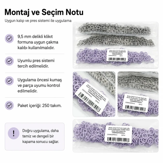 9.5 mm / 0.37 in Light Lilac Stainless Eyelet-Style Klıkit Baby Snap Fastener for Babywear and Light Textile Applications