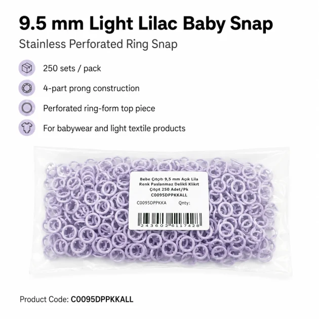 9.5 mm / 0.37 in Light Lilac Stainless Eyelet-Style Klıkit Baby Snap Fastener for Babywear and Light Textile Applications