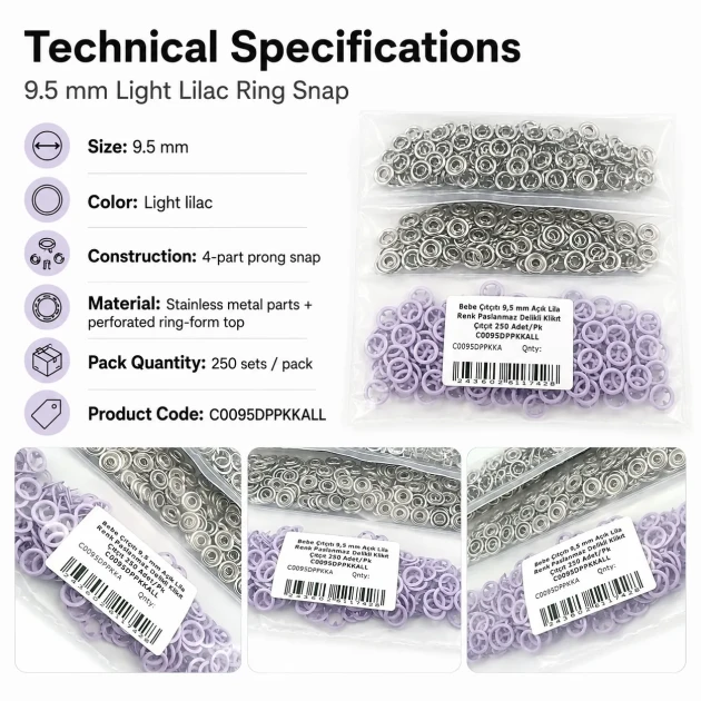 9.5 mm / 0.37 in Light Lilac Stainless Eyelet-Style Klıkit Baby Snap Fastener for Babywear and Light Textile Applications