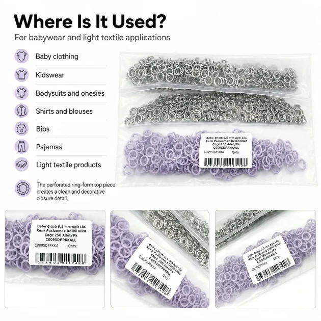 9.5 mm / 0.37 in Light Lilac Stainless Eyelet-Style Klıkit Baby Snap Fastener for Babywear and Light Textile Applications