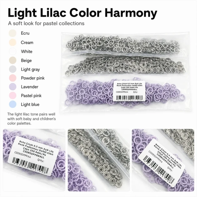 9.5 mm / 0.37 in Light Lilac Stainless Eyelet-Style Klıkit Baby Snap Fastener for Babywear and Light Textile Applications