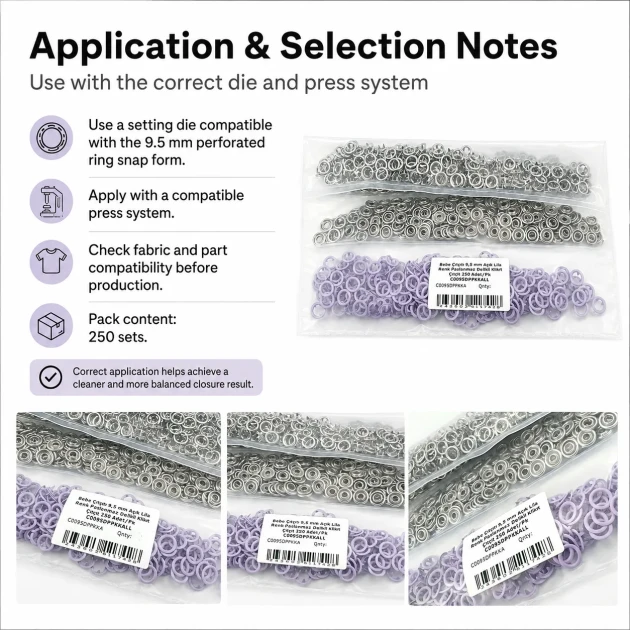 9.5 mm / 0.37 in Light Lilac Stainless Eyelet-Style Klıkit Baby Snap Fastener for Babywear and Light Textile Applications