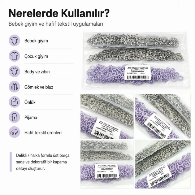 9.5 mm / 0.37 in Light Lilac Stainless Eyelet-Style Klıkit Baby Snap Fastener for Babywear and Light Textile Applications