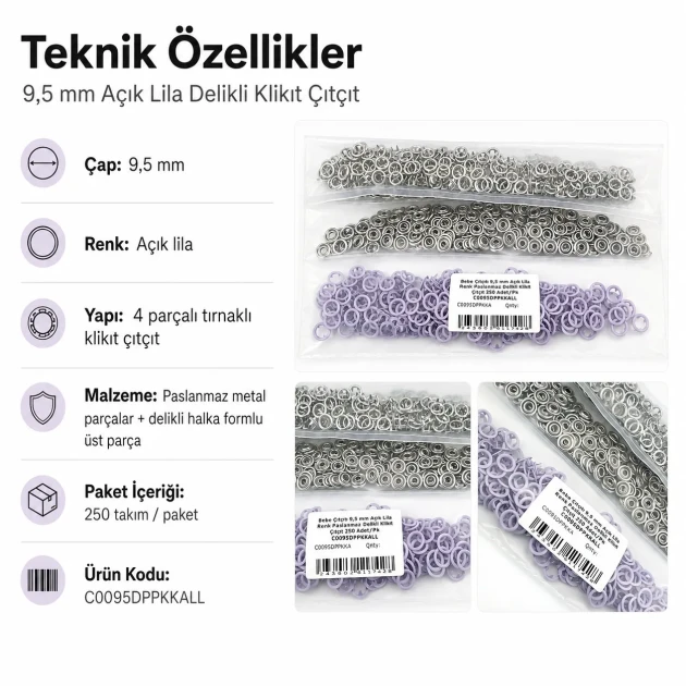 9.5 mm / 0.37 in Light Lilac Stainless Eyelet-Style Klıkit Baby Snap Fastener for Babywear and Light Textile Applications