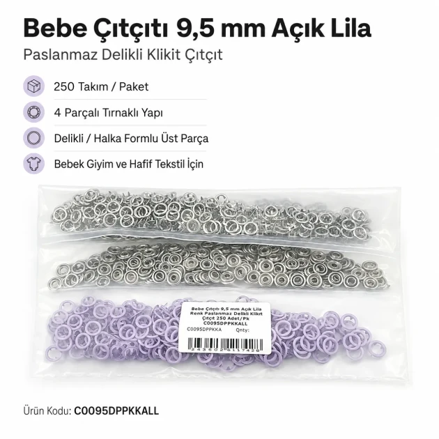 9.5 mm / 0.37 in Light Lilac Stainless Eyelet-Style Klıkit Baby Snap Fastener for Babywear and Light Textile Applications