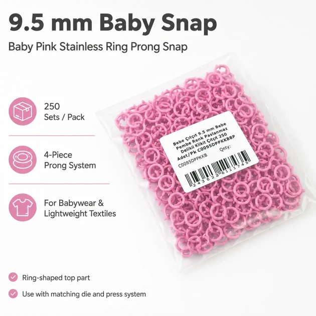 9.5 mm / 0.37 in Baby Pink Stainless Eyelet-Style Klıkit Baby Snap Fastener for babywear and children's clothing