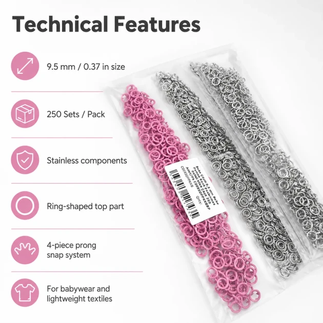 9.5 mm / 0.37 in Baby Pink Stainless Eyelet-Style Klıkit Baby Snap Fastener for babywear and children's clothing